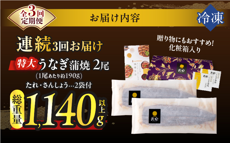 【3回連続定期便】うなぎ蒲焼特大2尾(さんしょう・たれ付き)総重量1140g以上 鰻 魚 魚介 加工品 国産_T026-0061-R