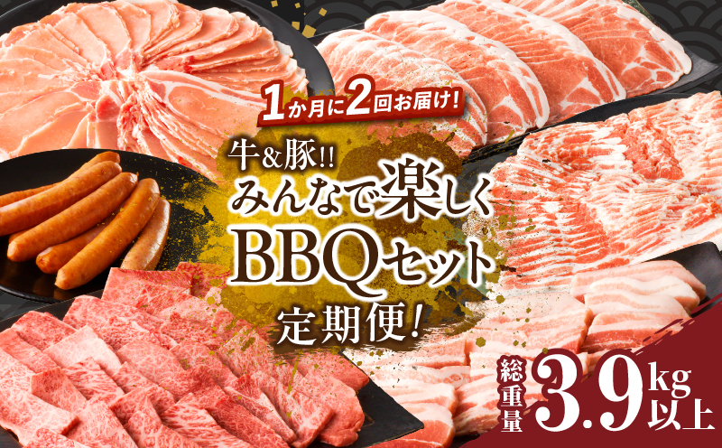 ≪定期便≫＼1か月に2回お届け!!／牛＆豚!!みんなで楽しくBBQセット【総重量3.9kg以上】 肉 牛肉 豚肉 おかず 国産_T030-043