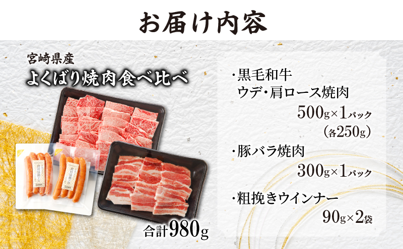 生産者応援≪宮崎県産≫黒毛和牛・豚焼肉＆粗挽きウインナーセット(合計980g) 肉 牛肉 豚肉 おかず 国産_T030-0051