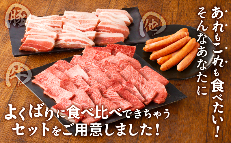 生産者応援≪宮崎県産≫黒毛和牛・豚焼肉＆粗挽きウインナーセット(合計980g) 肉 牛肉 豚肉 おかず 国産_T030-0051