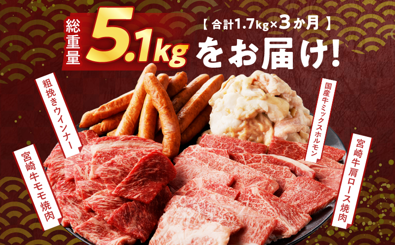 ≪3か月お楽しみ定期便≫ミヤチク焼肉三昧セット(総重量5.1kg) 肉 牛 牛肉 豚肉 国産_T030-061