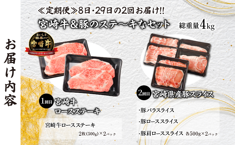 ≪定期便≫＼1か月に2回お届け!!／宮崎牛＆豚のステ～キなセット【総重量4kg】 肉 牛 牛肉 焼肉 国産_T030-045