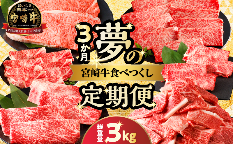 ≪3か月定期便≫夢の宮崎牛食べつくしセット(総重量3kg) 肉 牛 牛肉 おかず 国産_T030-067