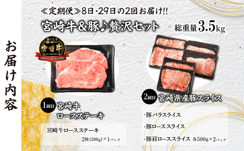 ≪定期便≫＼1か月に2回お届け!!／宮崎牛＆豚♪贅沢セット【総重量3.5kg】 肉 牛 牛肉 焼肉 国産_T030-046