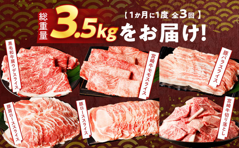 ≪3か月お楽しみ定期便≫宮崎県産牛＆豚の満腹セット(総重量3.5kg) 肉 牛 牛肉 豚肉 おかず 国産_T030-062