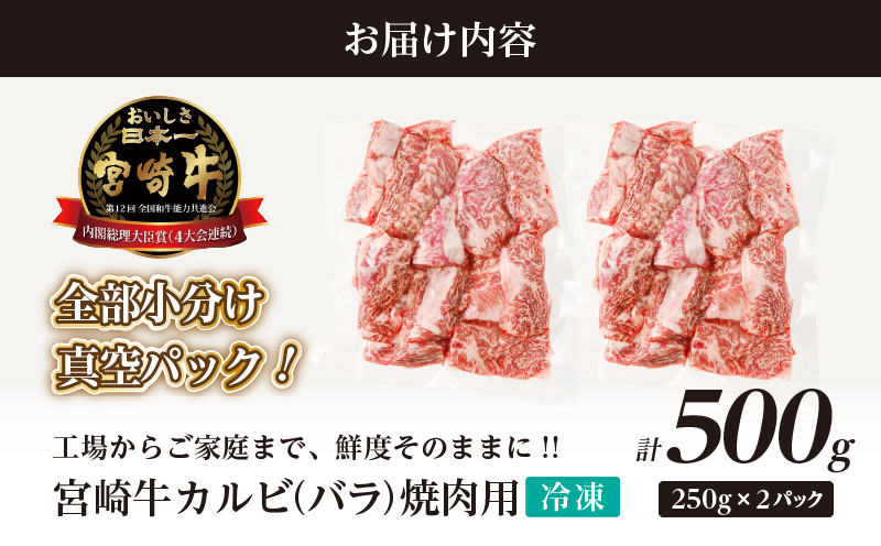 全部小分け真空パック!!「宮崎牛カルビ(バラ)焼肉用」計500g 肉 牛 牛肉 おかず 国産_T041-006