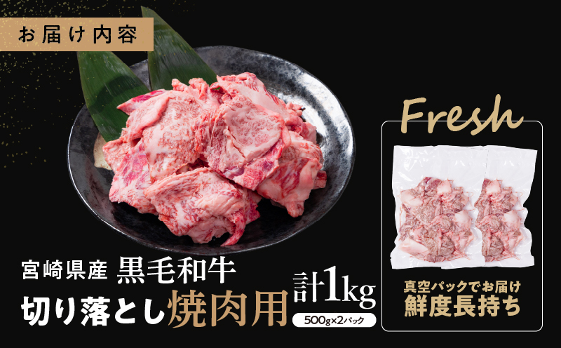 【2週間以内発送】宮崎県産黒毛和牛切り落とし(焼肉用)計1kg 肉 牛 牛肉 国産_T023-017