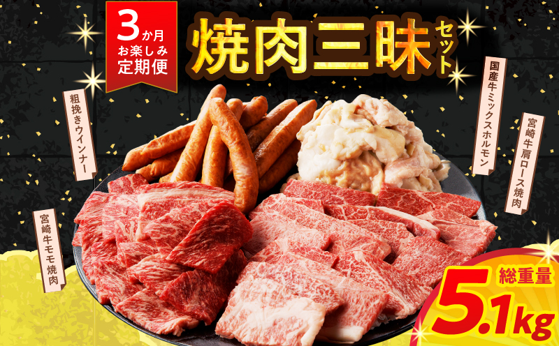 ≪3か月お楽しみ定期便≫ミヤチク焼肉三昧セット(総重量5.1kg) 肉 牛 牛肉 豚肉 国産_T030-137