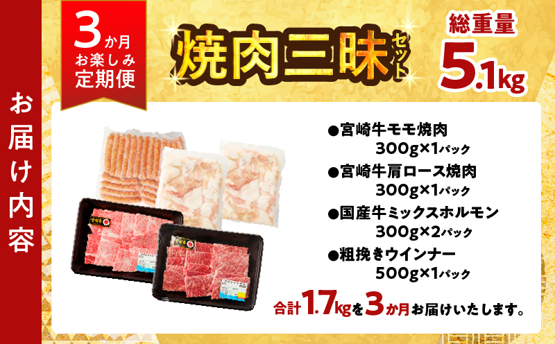 ≪3か月お楽しみ定期便≫ミヤチク焼肉三昧セット(総重量5.1kg) 肉 牛 牛肉 豚肉 国産_T030-061