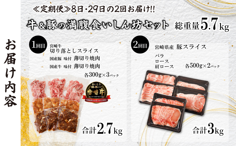 ≪定期便≫＼1か月に2回お届け!!／牛＆豚の満腹食いしん坊セット【総重量5.7kg】 肉 牛 豚 牛肉 豚肉 おかず 国産_T030-039