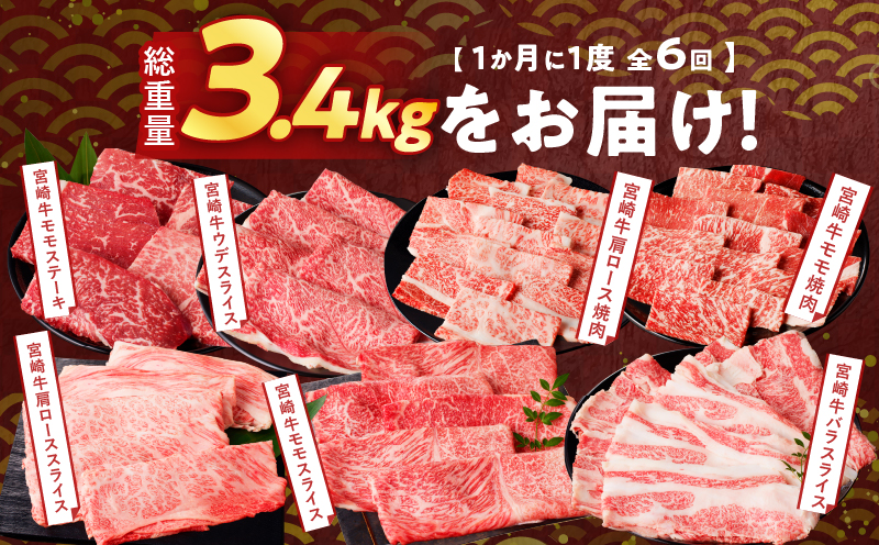 ≪6か月お楽しみ定期便≫宮崎牛味わい尽くしセット(総重量3.4kg) 肉 牛 牛肉 おかず 国産_T030-065