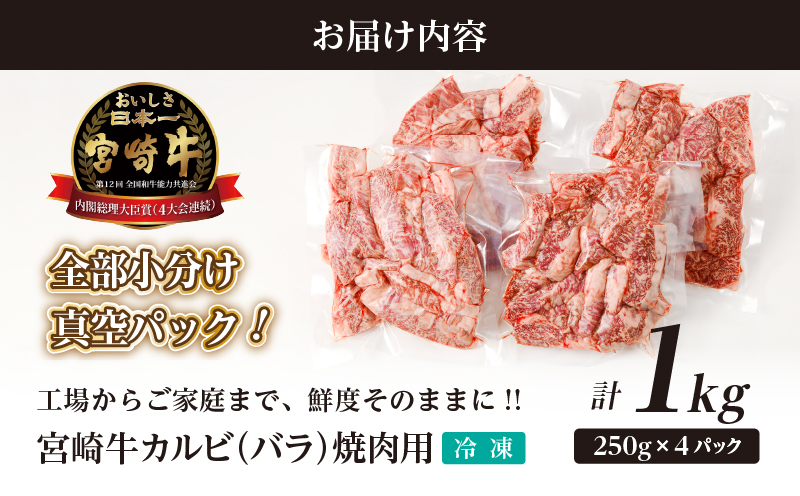 全部小分け真空パック!!「宮崎牛カルビ(バラ)焼肉用」計1kg 肉 牛 牛肉 おかず 国産_T041-007