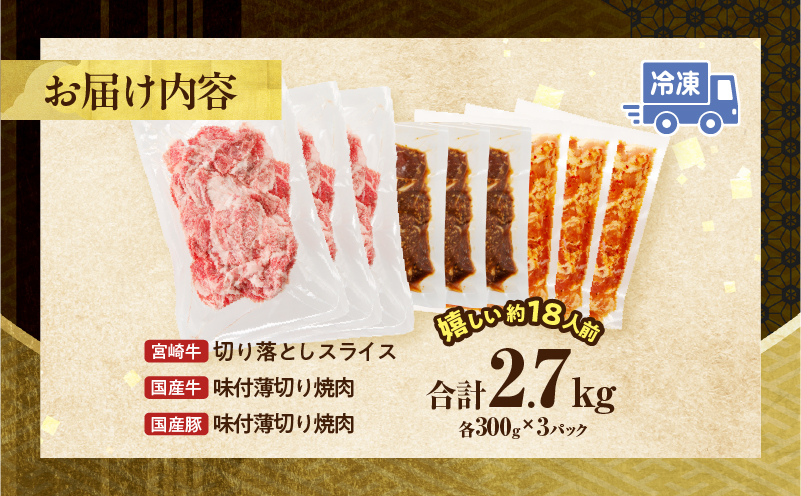 宮崎牛切り落とし＆牛・豚味付けセット(合計2.7kg) 肉 牛 豚 牛肉 豚肉 おかず 国産_T030-011