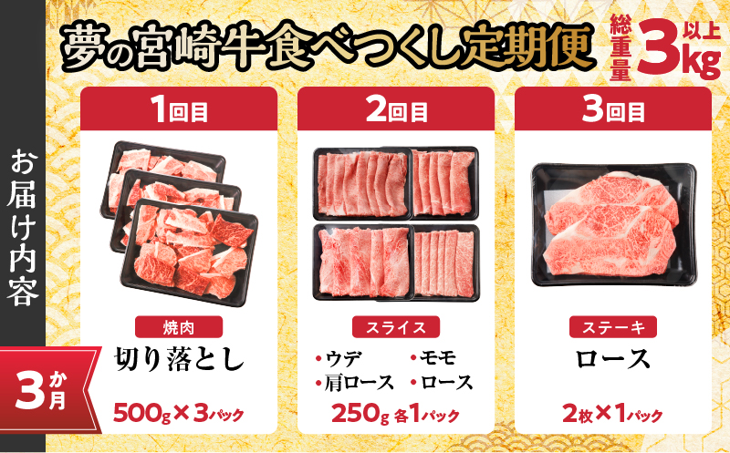 ≪3か月定期便≫夢の宮崎牛食べつくしセット(総重量3kg以上) 肉 牛 牛肉 おかず 国産_T030-067