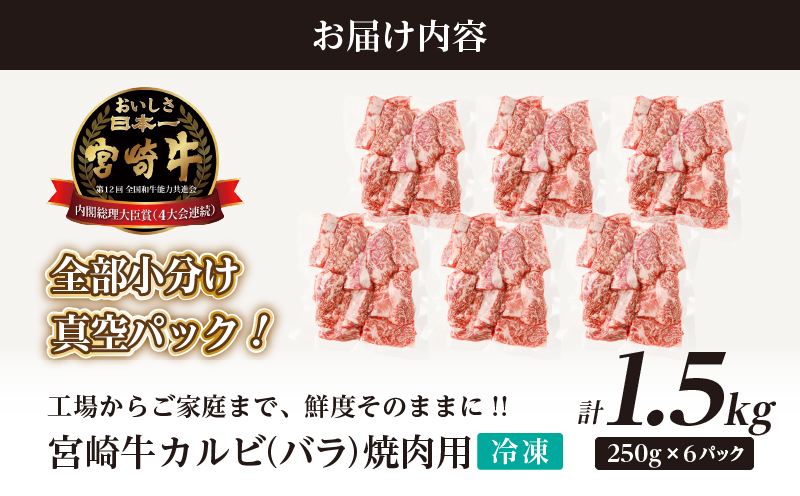 全部小分け真空パック!!「宮崎牛カルビ(バラ)焼肉用」計1.5kg 肉 牛 牛肉 おかず 国産_T041-008