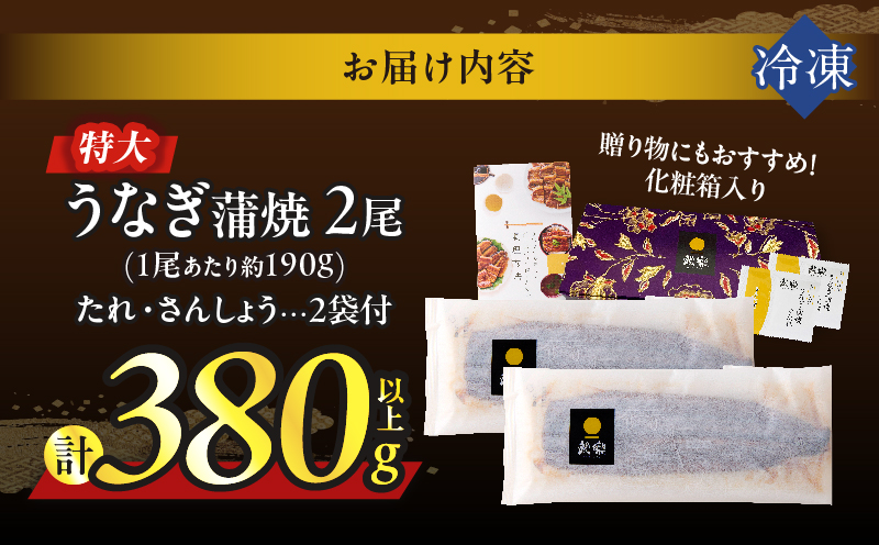 うなぎ蒲焼特大2尾(さんしょう・たれ付き)計380g以上 鰻 魚 魚介 加工品 国産_T026-0061