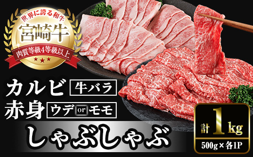 宮崎牛 赤身＆カルビカット しゃぶしゃぶ (合計1kg・500g×2) しゃぶしゃぶ お肉 牛肉 黒毛和牛 宮崎牛 ブランド和牛 冷凍 国産 カルビ 赤身 宮崎県産 【YM-46】【YAMATO株式会社】