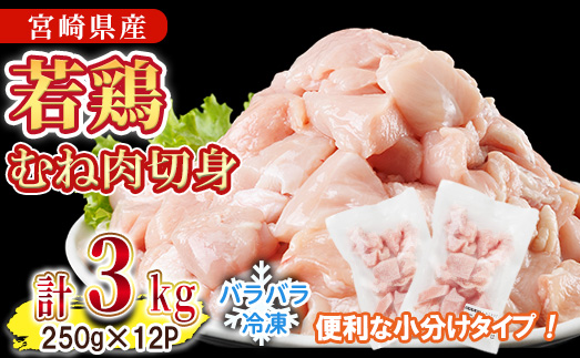 ＜先行予約受付中！2026年4月中に発送予定＞鶏肉 むね肉 小分け 個別凍結(計3kg 250g×12P) お肉 鳥肉 とり肉 鶏肉 若鶏 むね肉 国産 宮崎県産 唐揚げ から揚げ からあげ 冷凍 便利 【NK-20】【南九フーズ】