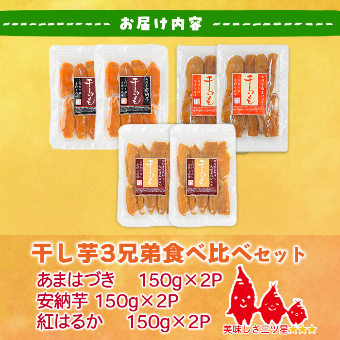 ＜先行予約受付中！2026年10月から順次発送予定＞干し芋 三兄弟食べ比べセット（あまはづき・紅はるか・安納芋 合計900g・150g×各2袋) ジッパー付き袋 サツマイモ あまはづき 紅はるか 安納芋 小分け 便利 おやつ スイーツ 国産 【YO-17】【株式会社 陽】
