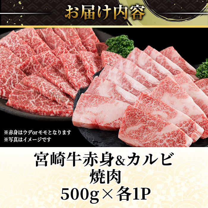 宮崎牛 赤身＆カルビ カット 焼肉 (合計1kg・500g×2) 焼肉 お肉 牛肉 黒毛和牛 宮崎牛 ブランド和牛 冷凍 国産 カルビ 赤身 宮崎県産 【YM-44】【YAMATO株式会社】