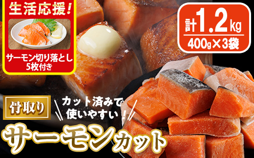 生活応援 サーモン切り落とし5枚付き！骨取り サーモン カット(計1.2kg・400g×3袋) 皮付き 鮭 ダイスカット 小分け 骨とり 骨なし 骨取り済 カット済 簡単 魚 冷凍 お弁当 おかず 【AW-75】【丸正水産】