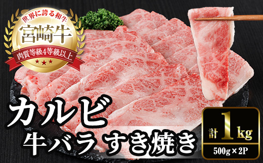 宮崎牛 カルビカット すき焼き (計1kg・500g×2) すき焼き お肉 牛肉 黒毛和牛 宮崎牛 ブランド和牛 冷凍 国産 宮崎県産 カルビ バラ 【YM-36】【YAMATO株式会社】