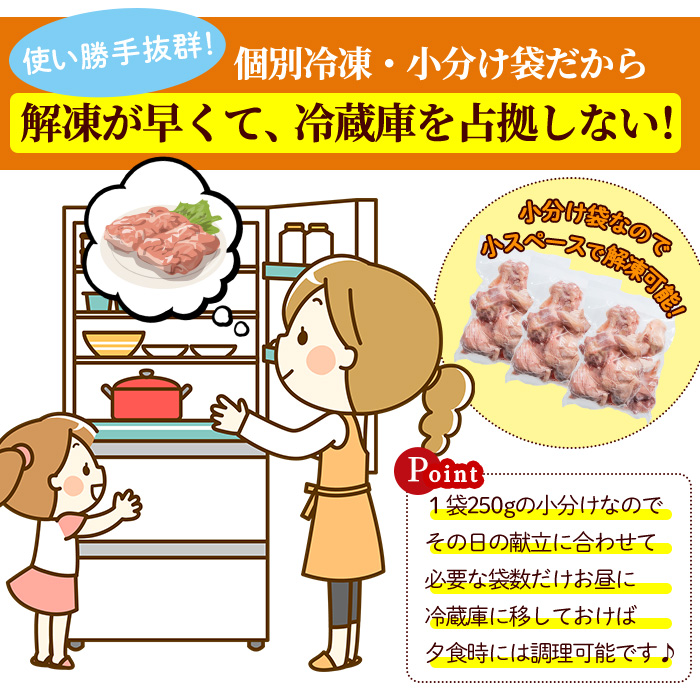 鶏肉 もも肉 小分け 個別凍結(計3kg・250g×12P)お肉 鳥肉 とり肉 切身 カット済 個別凍結 IQFカット 国産 宮崎県産 唐揚げ から揚げ からあげ 冷凍 便利【NK-02】【株式会社南九フーズ】