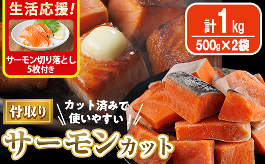 骨取り サーモン カット(計1kg・500g×2袋)サーモン切り落とし5枚付き 皮付き 鮭 ダイスカット 小分け 骨とり 骨なし 骨取り済 カット済 簡単 魚 冷凍 お弁当 おかず 【AW-74】【丸正水産】
