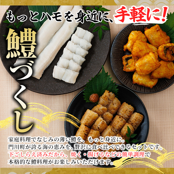 鱧づくしセット(骨切り白鱧×400g、鱧フライ×250g、鱧一夜干し×150g) はも ハモ 骨切り 唐揚げ 海鮮 魚介 おつまみ 惣菜 簡単 お手軽 冷凍 食べ比べ 詰め合わせ 詰合せ 国産 宮崎県産 【O-9】【門川漁業協同組合】