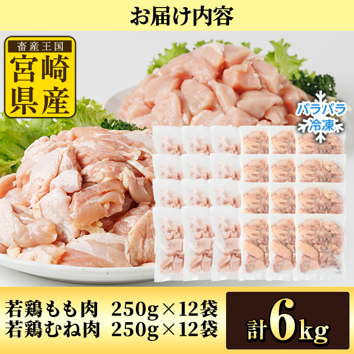 鶏肉 もも・むねセット 小分け 個別凍結(計6kg もも250g×12P むね250g×12P) とり肉 切身 カット済 IQFカット 国産 宮崎県産 冷凍 便利 【NK-18】【株式会社南九フーズ】