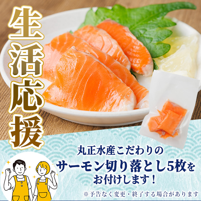 生活応援 サーモン切り落とし5枚付き！骨取り さば切身と鮭カットのセット(合計約1.3kg) 鮭 小分け 冷凍 サーモン シャケ サケ サバ 鯖 骨なし 骨取り セット 魚 魚介 【AW-103】【丸正水産】
