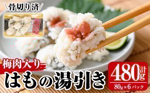 鱧の湯引き 梅肉入り(計480g・80g×6P)はも ハモ 骨切り 海鮮 おつまみ 国産 小分け 冷凍 魚介 宮崎県産【MR-3】【マルユウ水産】