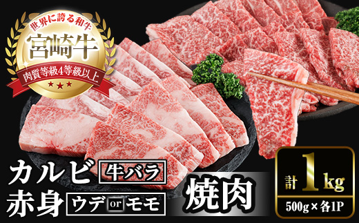 宮崎牛 赤身＆カルビ カット 焼肉 (合計1kg・500g×2) 焼肉 お肉 牛肉 黒毛和牛 宮崎牛 ブランド和牛 冷凍 国産 カルビ 赤身 宮崎県産 【YM-44】【YAMATO株式会社】