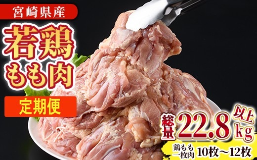 【定期便・全6回】宮崎県産若鶏もも肉(総量22.8kg以上・鶏もも一枚肉250～350g×10～12枚×6回) お肉 鳥肉 とり肉 鶏肉 若鶏 もも肉 国産 宮崎県産 唐揚げ から揚げ からあげ 冷凍 便利 【NK-23】【南九フーズ】