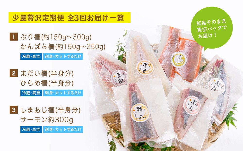 【北海道・離島配送不可】＜定期便・全3回(連続)＞旬の鮮魚(3ヶ月コース)ブリ かんぱち 真鯛 ヒラメ シマアジ サーモン 冷蔵 簡単調理 刺身 国産 お造り 柵 お楽しみ 切るだけ【UZ-02】【請関水産】