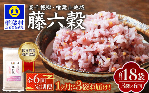 【6回定期便】【雑穀米】藤の花色に染まる美しい六穀米《藤六穀》300g×3袋 6回配送【世界農業遺産 高千穂郷・椎葉山地域】送料無料 定期便 定期 保存食 非常食 米 お米 ご飯 ご当地 贈り物 手土産 お土産 挨拶 祝い ギフト 父 母 栄養 健康 うるち米 たかきび 挽割とうもろこし もちあわ もち麦 黒米【TT-17】