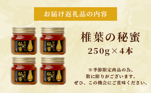 【秘境を味わう】【7営業日以内発送】椎葉の秘蜜 【250g×4本】国産天然はちみつ【数量限定】送料無料 宮崎県 椎葉村 秘境 蜂蜜 はちみつ ハチミツ みつばち ミツバチ 伝統的 養蜂 国産 天然 百花蜜 巣箱 数量限定 季節 希少 250g 1000g 1kg【MS-07】