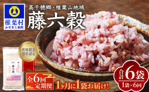 【6回定期便】【雑穀米】藤の花色に染まる美しい六穀米《藤六穀》300g×1袋 6回配送【世界農業遺産 高千穂郷・椎葉山地域】送料無料 定期便 定期 保存食 非常食 米 お米 ご飯 ご当地 贈り物 手土産 お土産 挨拶 祝い ギフト 父 母 栄養 健康 うるち米 たかきび 挽割とうもろこし もちあわ もち麦 黒米【TT-13】