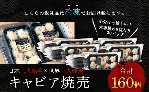【日本三大秘境×世界三大珍味】平家キャビアが焼売に！！キャビア焼売 8個入り×20パック 合計160個［宮崎 椎葉 国産 ちょうざめ チョウザメ しゅうまい シュウマイ 焼売 キャビア ギフト 記念日 誕生日 お酒 魚介 珍味 加工品 冷凍 高級 贅沢 ディナー パーティー おつまみ グルメ ギフト お祝い 贈り物 贈答 桐箱 希少］【SZ-135】