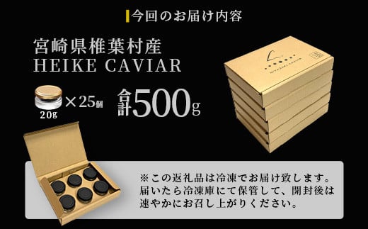 【世界三大珍味×日本三大秘境】HEIKE CAVIAR  500g  【20g×25個】【産地直送】［宮崎 椎葉 国産 ちょうざめ チョウザメ きゃびあ キャビア 500g 魚卵 卵 魚介 珍味 加工品 冷凍 高級 贅沢 ディナー パーティー おつまみ グルメ お祝い ギフト 記念日 誕生日 プレゼント 贈り物 贈答 桐箱 希少］【SZ-126】