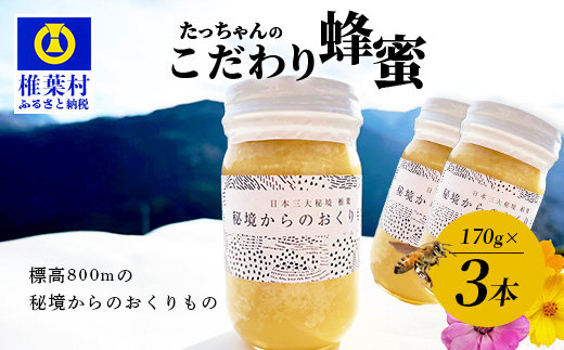 【無添加 非加熱】標高800m たっちゃんのこだわり蜂蜜【170g×3本】(送料無料 宮崎県 椎葉村 秘境 蜂蜜 はちみつ ハチミツ みつばち ミツバチ 伝統的 養蜂 国産 天然 百花蜜 巣箱 数量限定 季節 希少 170g 340g 510g 防災 備蓄) TN-06