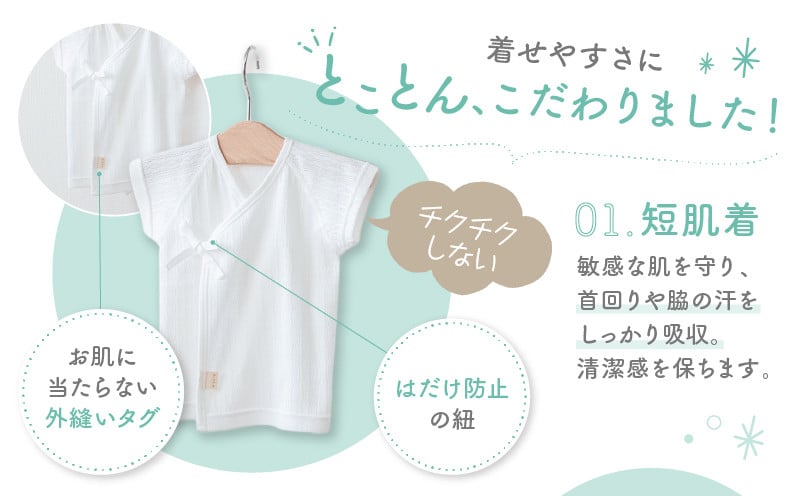 はじめての出産準備に！レールメッシュ素材でかわいい！新生児肌着4点出産準備スターターセット［グリーンset］ 短肌着 コンビ肌着 セット 肌着セット 肌着 綿 吸水 オールシーズン ベビー服 赤ちゃん用品 ベビーウェア ベビーグッズ ベビー用品 国産 日本製 _Tk032-026