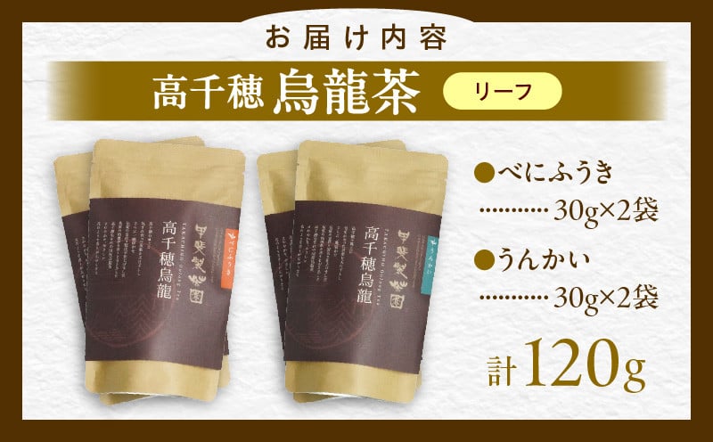 【国産烏龍茶】高千穂烏龍（リーフ）2種4袋セット べにふうき30g×2袋＆うんかい30g×2袋 国産 烏龍茶 お茶 べにふうき うんかい 茶葉 飲み物 ティータイム フルーティーな香り セット 宮崎県 高千穂町 _Tk025-006