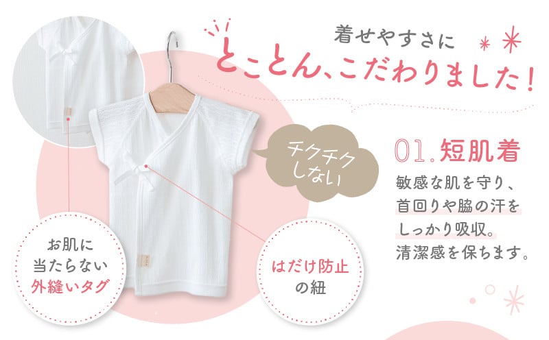 はじめての出産準備に！レールメッシュ素材でかわいい！新生児肌着4点出産準備スターターセット［ピンクset］ 短肌着 コンビ肌着 セット 肌着セット 肌着 綿 吸水 オールシーズン ベビー服 赤ちゃん用品 ベビーウェア ベビーグッズ ベビー用品 国産 日本製 _Tk032-025