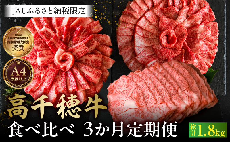【JALふるさと納税限定】【5月限定受付】高千穂牛 焼肉 BBQ 食べ比べ 3か月定期便 総計1.8kg（肩ロース・バラ・ロース・カルビ）国産和牛 ブランド牛 牛肉 焼肉用 冷凍 焼肉セット 焼肉定期便 しゃぶしゃぶ すき焼き すきしゃぶ 薄切り スライス 国産 セット 詰め合わせ パーティー アウトドア キャンプ グランピング お祝い ギフト プレゼント 宮崎県 高千穂町 ふるさと納税_Tk002-t088