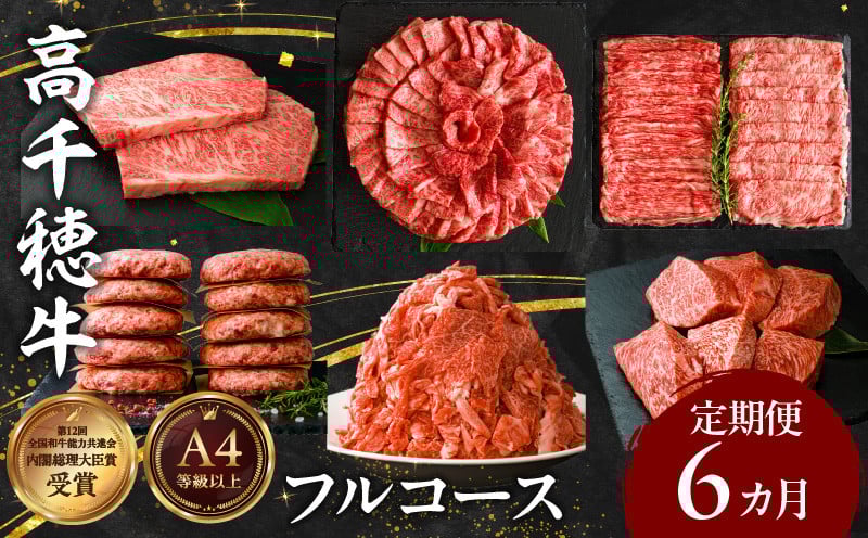 宮崎県産黒毛和牛A4等級以上 高千穂牛フルコース（6ヶ月定期便） 牛肉 肉 お肉 精肉 定期便 サーロイン ステーキ 焼肉 BBQ ロース カルビ こま肉 小間切れ モモ ハンバーグ しゃぶしゃぶ すき焼き すきしゃぶ 薄切り スライス 国産 セット 詰め合わせ パーティー アウトドア キャンプ グランピング お祝い ギフト プレゼント _Tk002-t054