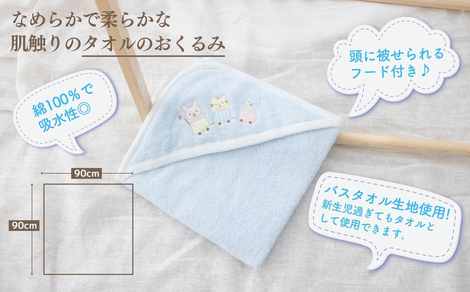 赤ちゃんに優しいおくるみ・ハンカチセット［ブルー］ おくるみ フード付き ガーゼ ハンカチ 沐浴 授乳 タオル ベビー用品 赤ちゃん用品 ベビーグッズ 赤ちゃんグッズ 赤ちゃん ベビー 贈り物 ギフト 国産 日本製 _Tk032-030