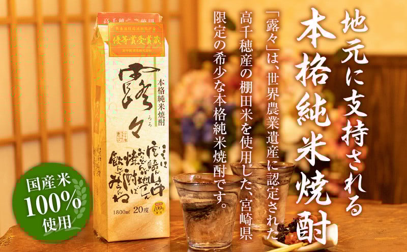 本格米焼酎 露々20度 1800ml×6本（紙パック） 露々 20度 酒 お酒 アルコール 焼酎 米焼酎 純米焼酎 国産 贈答 贈り物 ギフト プレゼント すっきり まろやか 飲みやすい お歳暮 お祝い 内祝い 記念日 誕生日 パーティー セット 詰め合わせ 焼酎セット ロック お湯割り 高千穂町 _Tk020-012