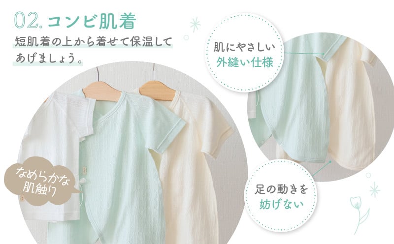 はじめての出産準備に！レールメッシュ素材でかわいい！新生児肌着4点出産準備スターターセット［グリーンset］ 短肌着 コンビ肌着 セット 肌着セット 肌着 綿 吸水 オールシーズン ベビー服 赤ちゃん用品 ベビーウェア ベビーグッズ ベビー用品 国産 日本製 _Tk032-026