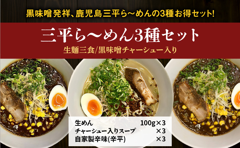 【冷凍配送】三平ら〜めん 3種セット（生麺三食/黒味噌チャーシュー入り）　K029-002